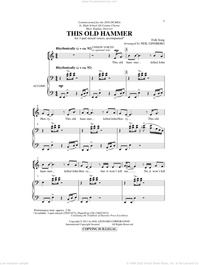 This Old Hammer sheet music for choir (3-Part Mixed) by Neil Ginsberg and Miscellaneous, intermediate skill level
