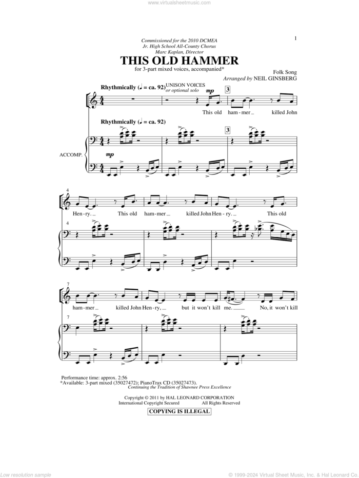 This Old Hammer sheet music for choir (3-Part Mixed) by Neil Ginsberg and Miscellaneous, intermediate skill level