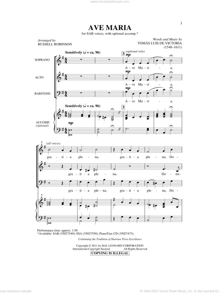 Ave Maria sheet music for choir (SAB: soprano, alto, bass) by Tomas Luis De Victoria, TomA�A�s Luis de Victoria, Tomas Luis de Victoria and Russell Robinson, intermediate skill level