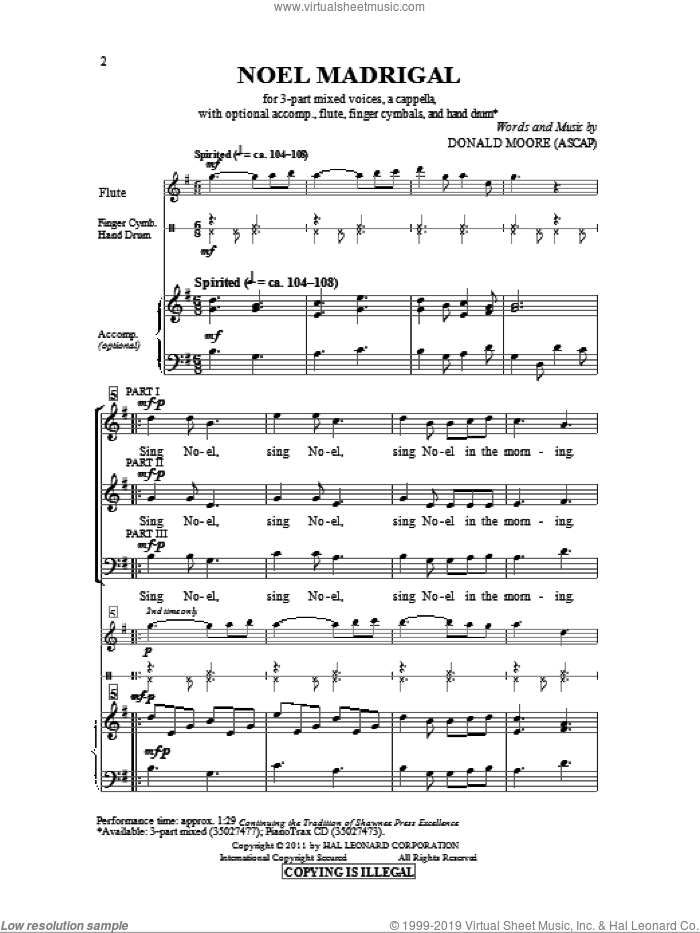 Noel Madrigal sheet music for choir (3-Part Mixed) by Donald Moore, intermediate skill level