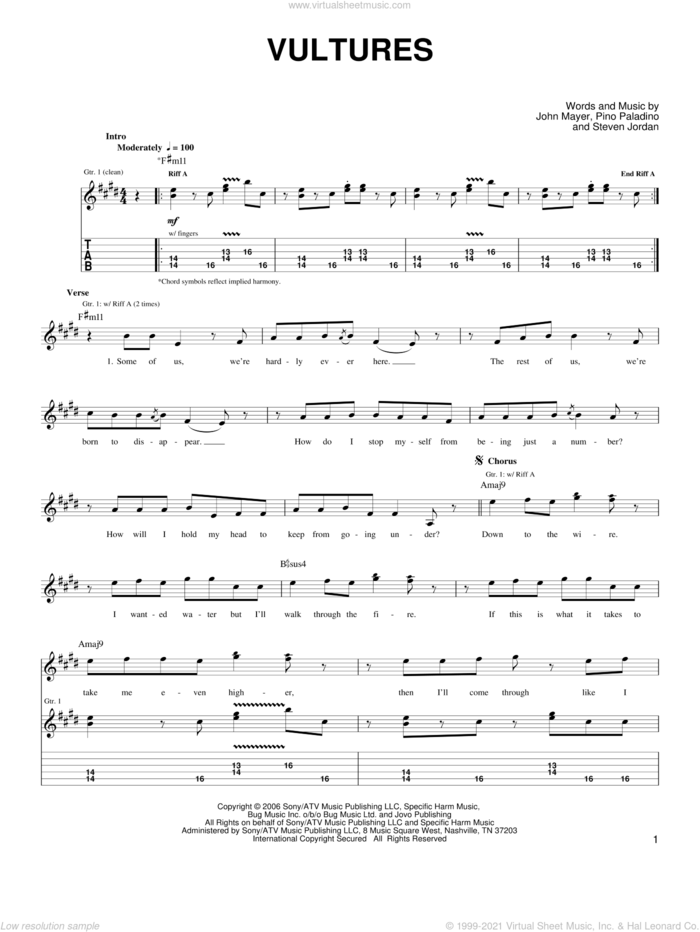 Vultures sheet music for guitar solo (chords) by John Mayer, Pino Paladino and Steve Jordan, easy guitar (chords)