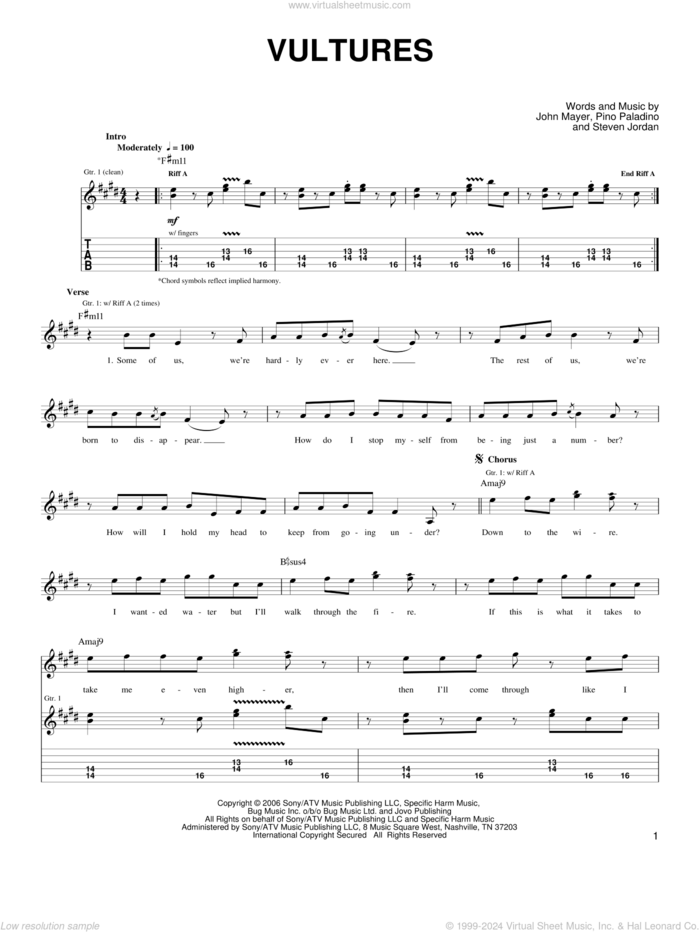 Vultures sheet music for guitar solo (chords) by John Mayer, Pino Paladino and Steve Jordan, easy guitar (chords)