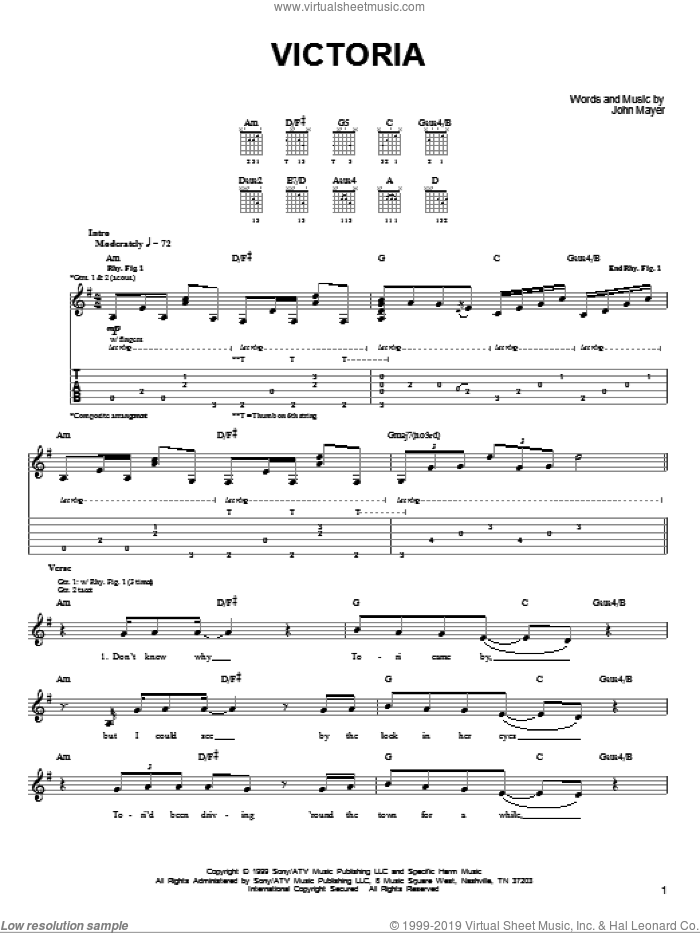 Victoria sheet music for guitar solo (chords) by John Mayer, easy guitar (chords)