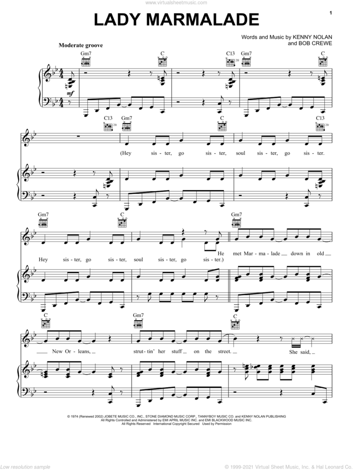Lady Marmalade sheet music for voice, piano or guitar by Patti LaBelle, Bob Crewe and Kenny Nolan, intermediate skill level