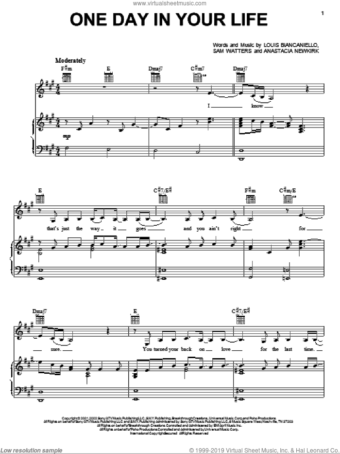 One Day In Your Life sheet music for voice, piano or guitar by Anastacia, Anastacia Newkirk, Louis Biancaniello and Sam Watters, intermediate skill level