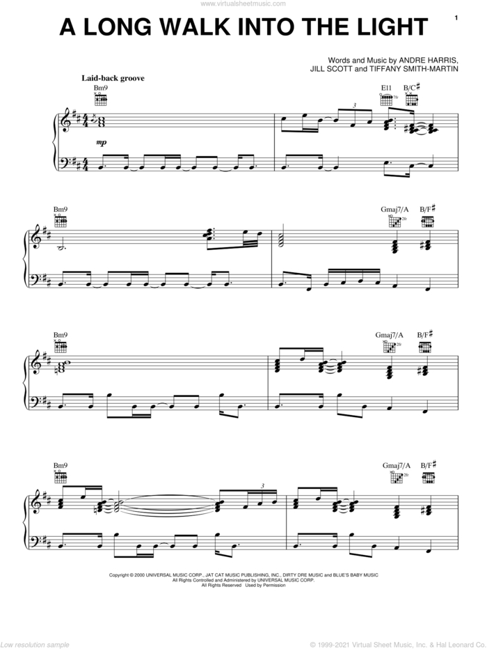 A Long Walk Into The Light sheet music for voice, piano or guitar by Jill Scott, Andre Harris and Tiffany Smith-Martin, intermediate skill level