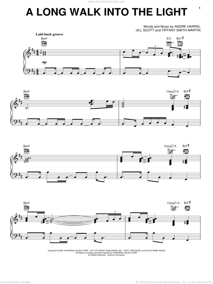 A Long Walk Into The Light sheet music for voice, piano or guitar by Jill Scott, Andre Harris and Tiffany Smith-Martin, intermediate skill level