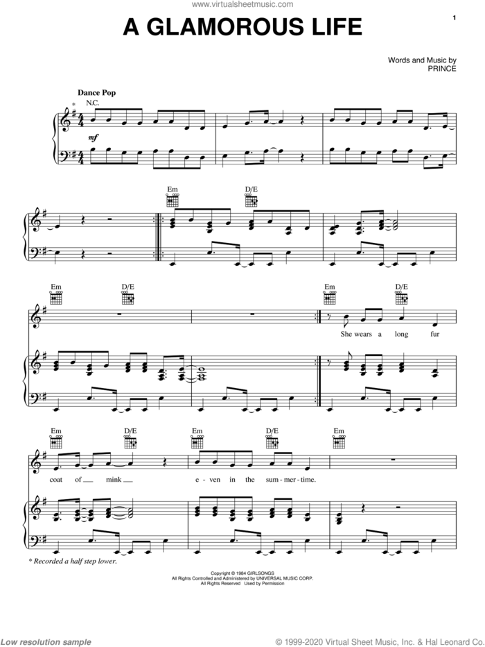 A Glamorous Life sheet music for voice, piano or guitar by Prince, intermediate skill level