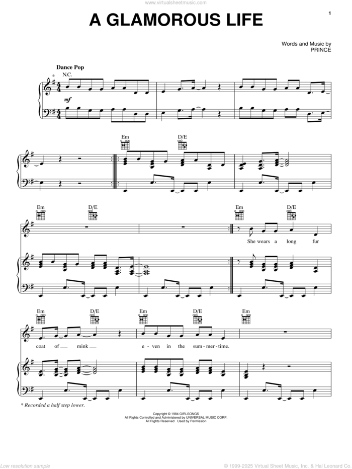 A Glamorous Life sheet music for voice, piano or guitar by Prince, intermediate skill level