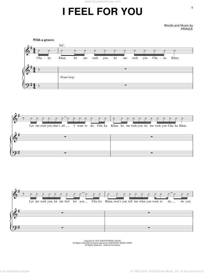 I Feel For You sheet music for voice, piano or guitar by Chaka Khan and Prince, intermediate skill level