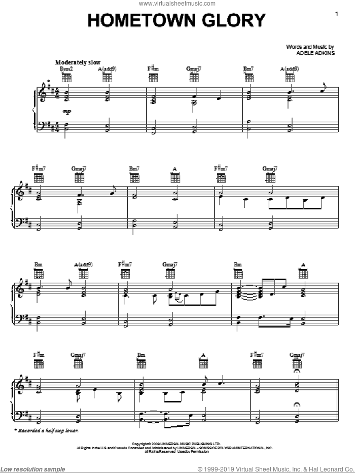 Hometown Glory sheet music for voice, piano or guitar by Adele and Adele Adkins, intermediate skill level