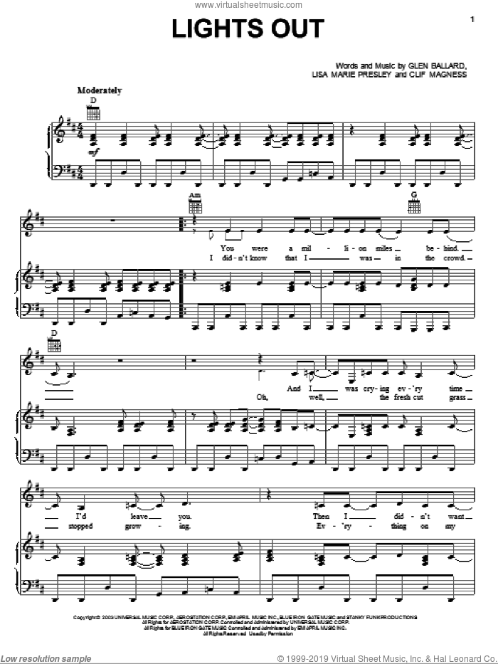 Lights Out sheet music for voice, piano or guitar by Lisa Marie Presley, Clif Magness and Glen Ballard, intermediate skill level