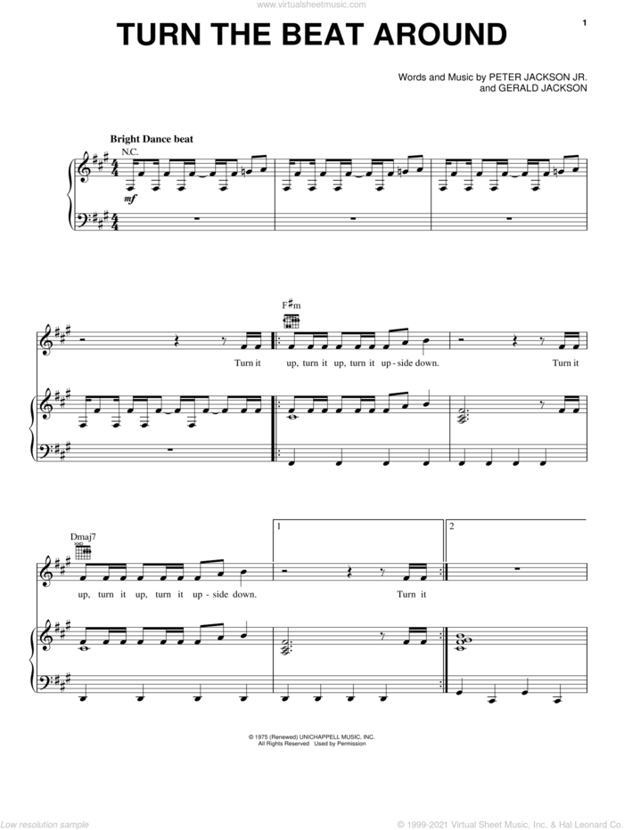 Turn The Beat Around sheet music for voice, piano or guitar by Gloria Estefan, Gerald Jackson and Peter Jackson Jr., intermediate skill level