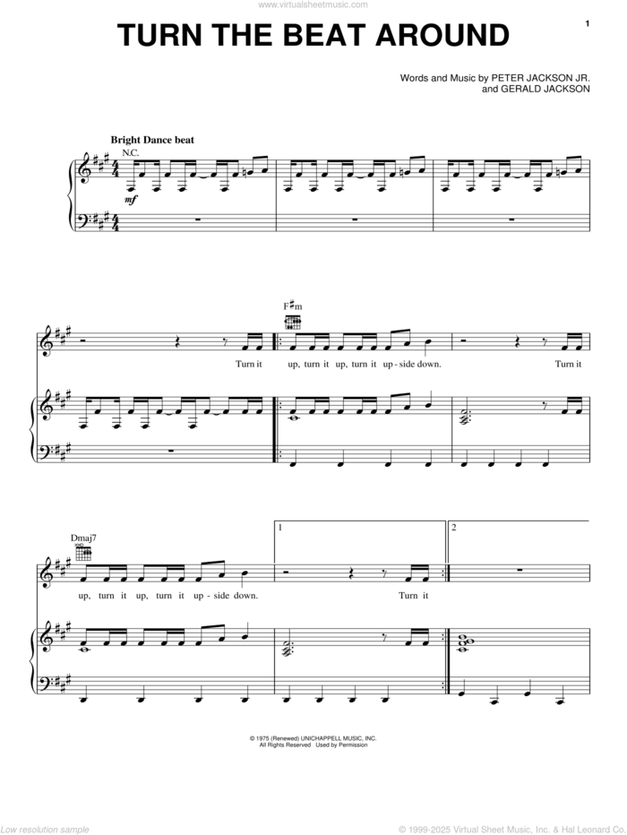 Turn The Beat Around sheet music for voice, piano or guitar by Gloria Estefan, Gerald Jackson and Peter Jackson Jr., intermediate skill level