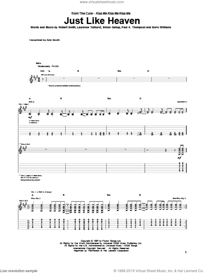 Just Like Heaven sheet music for guitar (tablature) by The Cure, Boris Williams, Laurence Tolhurst, Paul S. Thompson, Robert Smith and Simon Gallup, intermediate skill level