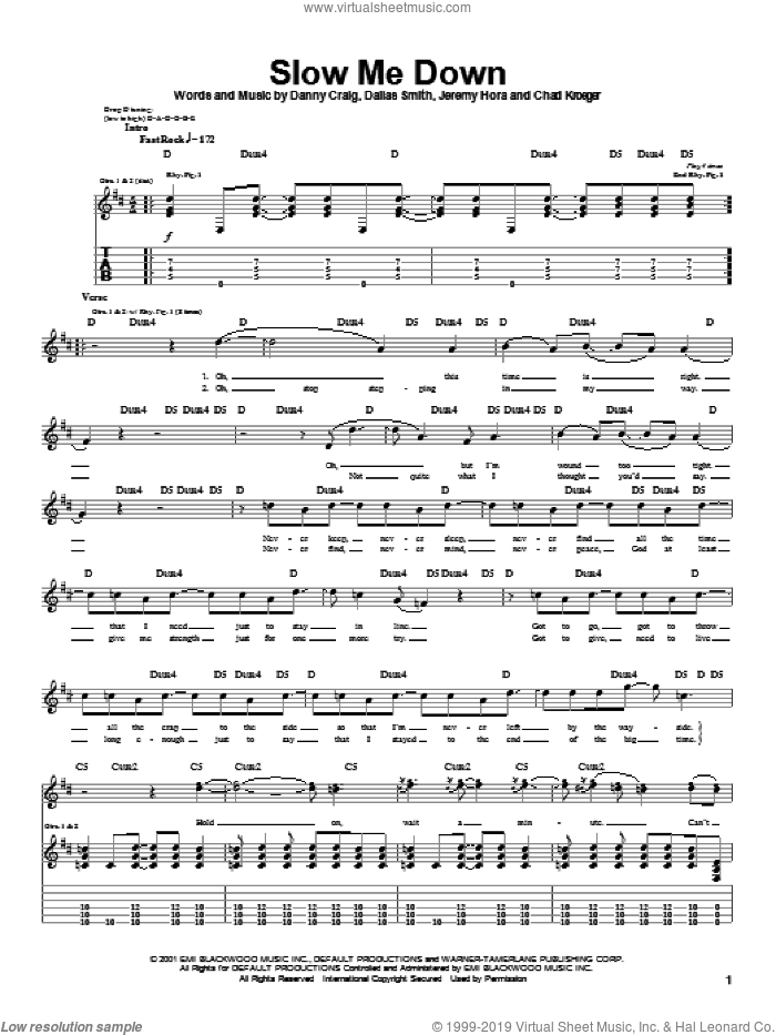 Slow Me Down sheet music for guitar (tablature) by Default, Chad Kroeger, Dallas Smith and Danny Craig, intermediate skill level