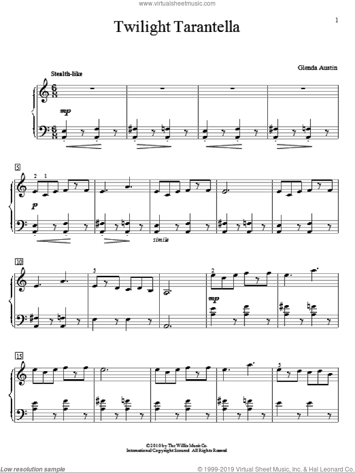 Twilight Tarantella sheet music for piano solo (elementary) by Glenda Austin, classical score, beginner piano (elementary)