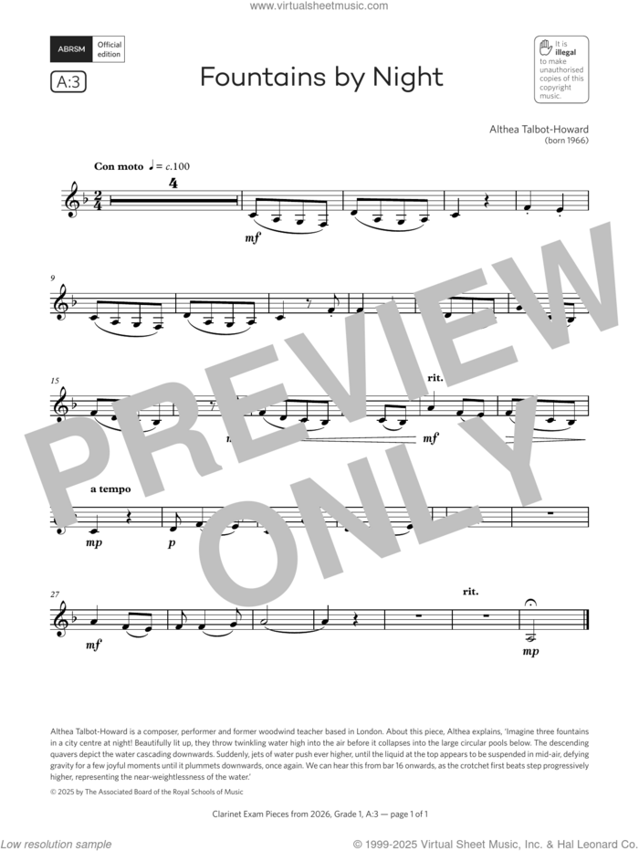 Fountains by Night (Grade 1, list A3, from the ABRSM Clarinet Syllabus from 2026) sheet music for clarinet solo by Althea Talbot-Howard, classical score, intermediate skill level