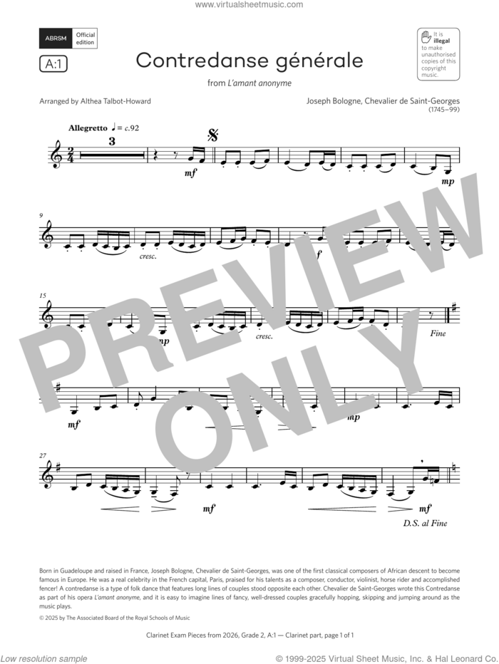 Contredanse generale (Grade 2, list A1, from the ABRSM Clarinet Syllabus from 2026) sheet music for clarinet solo by Chevalier de Saint-Georges, Althea Talbot-Howard and Joseph Bologne, classical score, intermediate skill level