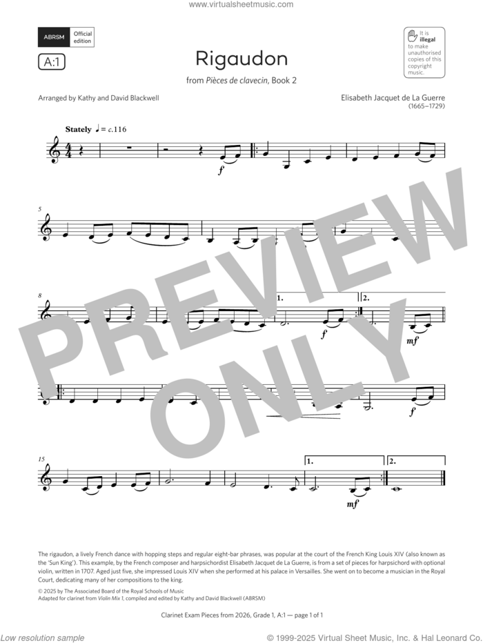 Rigaudon (Grade 1, list A1, from the ABRSM Clarinet Syllabus from 2026) sheet music for clarinet solo by Elisabeth Jacquet de La Guerre, David Blackwell and Kathy Blackwell, classical score, intermediate skill level