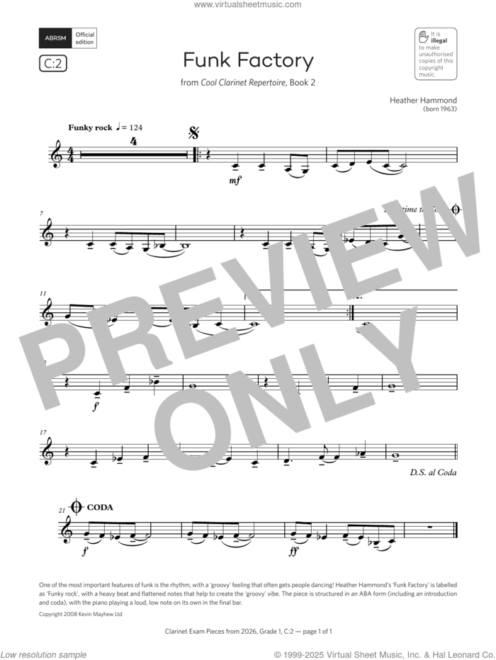 Funk Factory (Grade 1, list C2, from the ABRSM Clarinet Syllabus from 2026) sheet music for clarinet solo by Heather Hammond, classical score, intermediate skill level