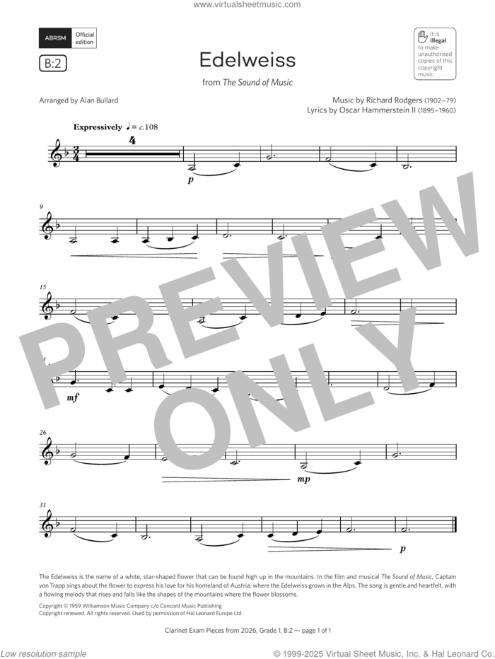 Edelweiss (Grade 1, list B2, from the ABRSM Clarinet Syllabus from 2026) sheet music for clarinet solo by Richard Rodgers, Alan Bullard, Oscar II Hammerstein and Rodgers & Hammerstein, classical score, intermediate skill level