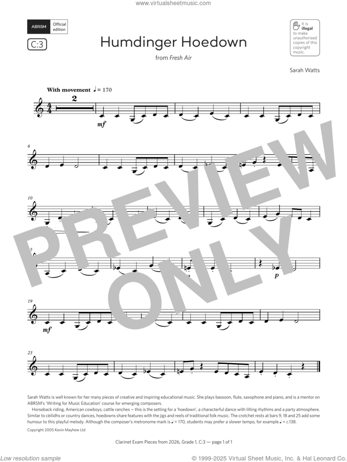 Humdinger Hoedown (Grade 1, list C3, from the ABRSM Clarinet Syllabus from 2026) sheet music for clarinet solo by Sarah Watts, classical score, intermediate skill level