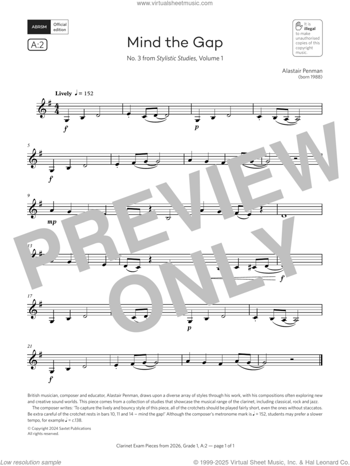 Mind the Gap (Grade 1, list A2, from the ABRSM Clarinet Syllabus from 2026) sheet music for clarinet solo by Alastair Penman, classical score, intermediate skill level