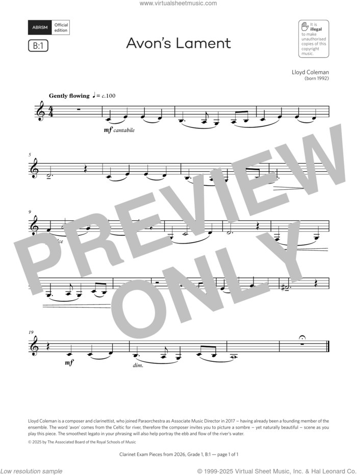 Avon's Lament (Grade 1, list B1, from the ABRSM Clarinet Syllabus from 2026) sheet music for clarinet solo by Lloyd Coleman, classical score, intermediate skill level