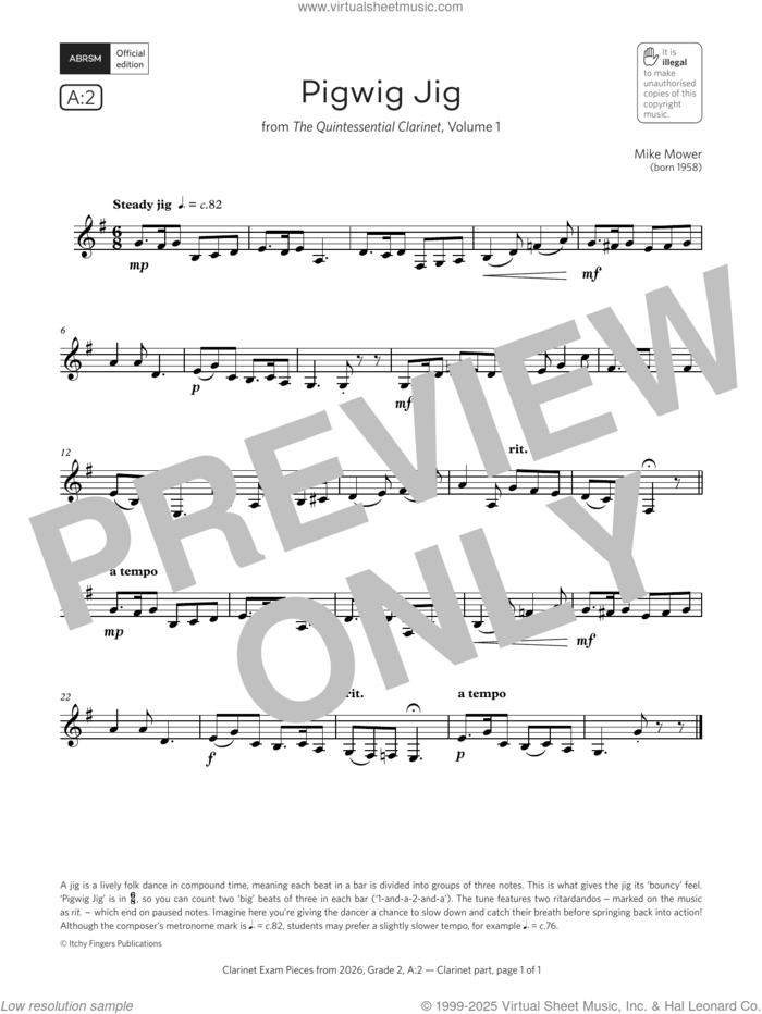Pigwig Jig (Grade 2, list A2, from the ABRSM Clarinet Syllabus from 2026) sheet music for clarinet solo by Mike Mower, classical score, intermediate skill level