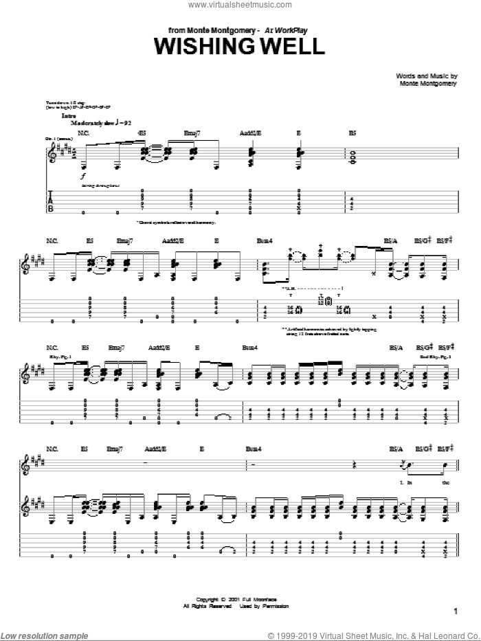 Wishing Well sheet music for guitar (tablature) by Monte Montgomery, intermediate skill level