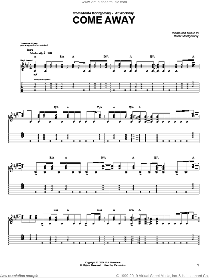 Come Away sheet music for guitar (tablature) by Monte Montgomery, intermediate skill level