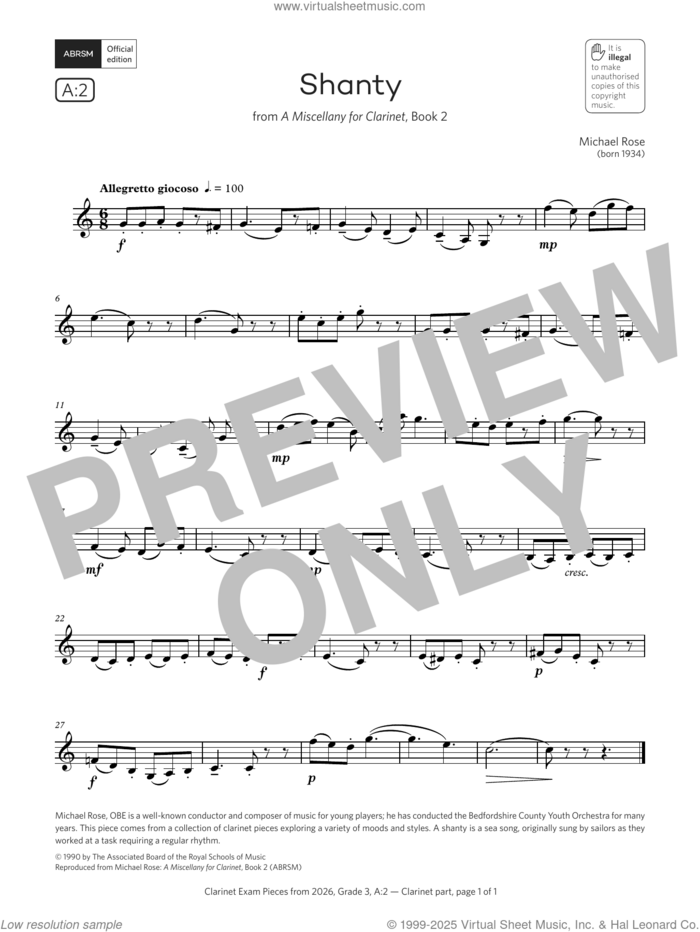 Shanty (Grade 3, list A2, from the ABRSM Clarinet Syllabus from 2026) sheet music for clarinet solo by Michael Rose, classical score, intermediate skill level