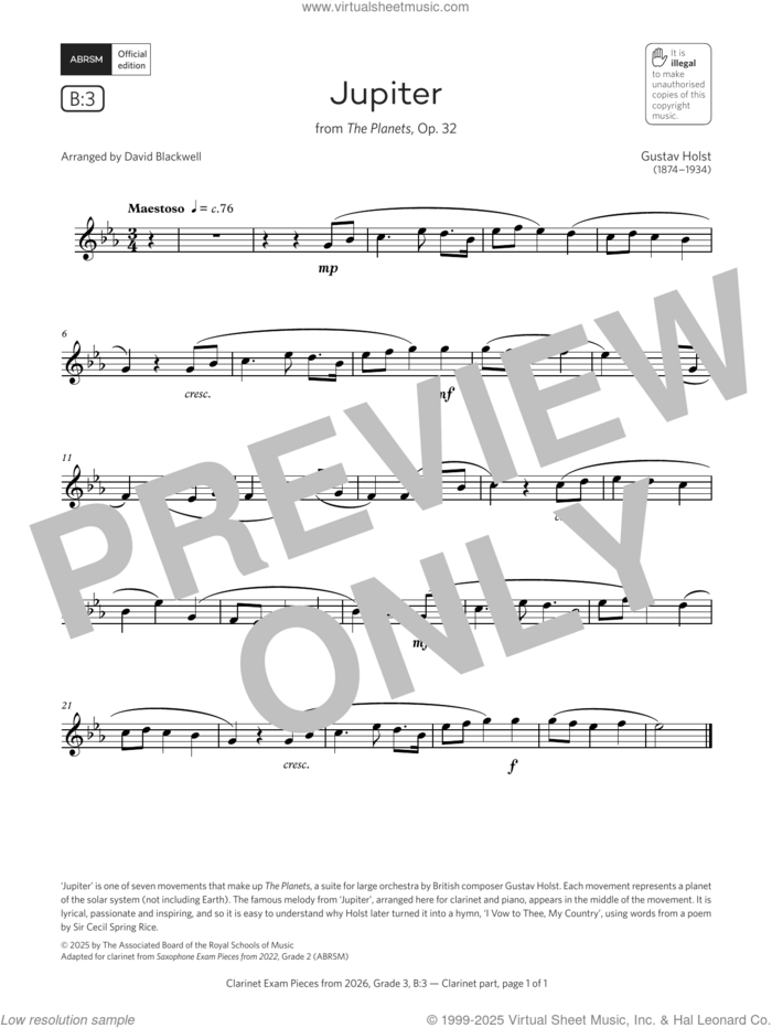 Jupiter (Grade 3, list B3, from the ABRSM Clarinet Syllabus from 2026) sheet music for clarinet solo by Gustav Holst and David Blackwell, classical score, intermediate skill level