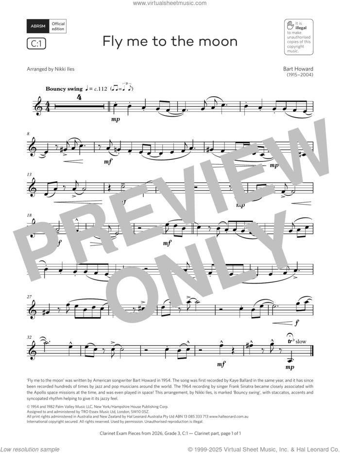 Fly me to the moon (Grade 3, list C1, from the ABRSM Clarinet Syllabus from 2026) sheet music for clarinet solo by Bart Howard and Nikki Iles, classical score, intermediate skill level