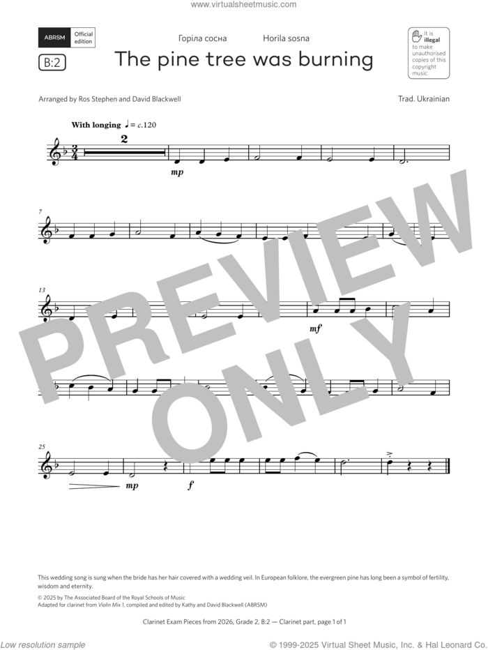 The pine tree was burning (Grade 2, list B2, from the ABRSM Clarinet Syllabus from 2026) sheet music for clarinet solo by Trad. Ukrainian, David Blackwell and Ros Stephen, classical score, intermediate skill level