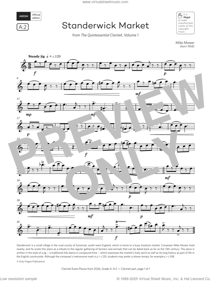 Standerwick Market (Grade 4, list A2, from the ABRSM Clarinet Syllabus from 2026) sheet music for clarinet solo by Mike Mower, classical score, intermediate skill level