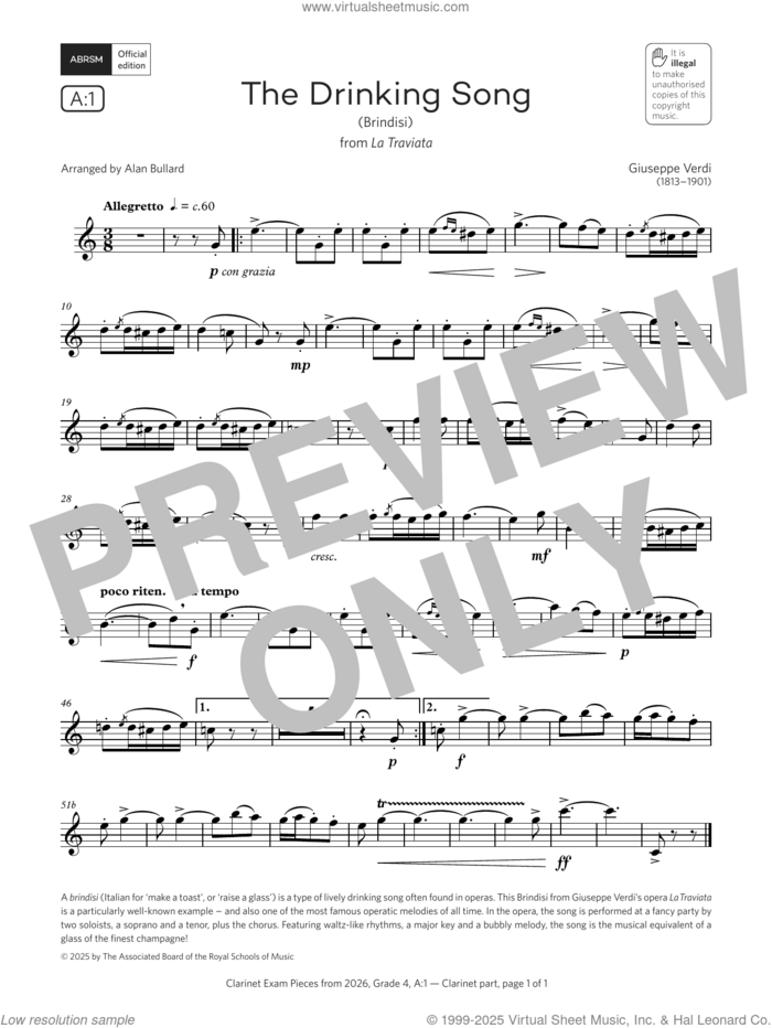 The Drinking Song (Grade 4, list A1, from the ABRSM Clarinet Syllabus from 2026) sheet music for clarinet solo by Giuseppe Verdi and Alan Bullard, classical score, intermediate skill level