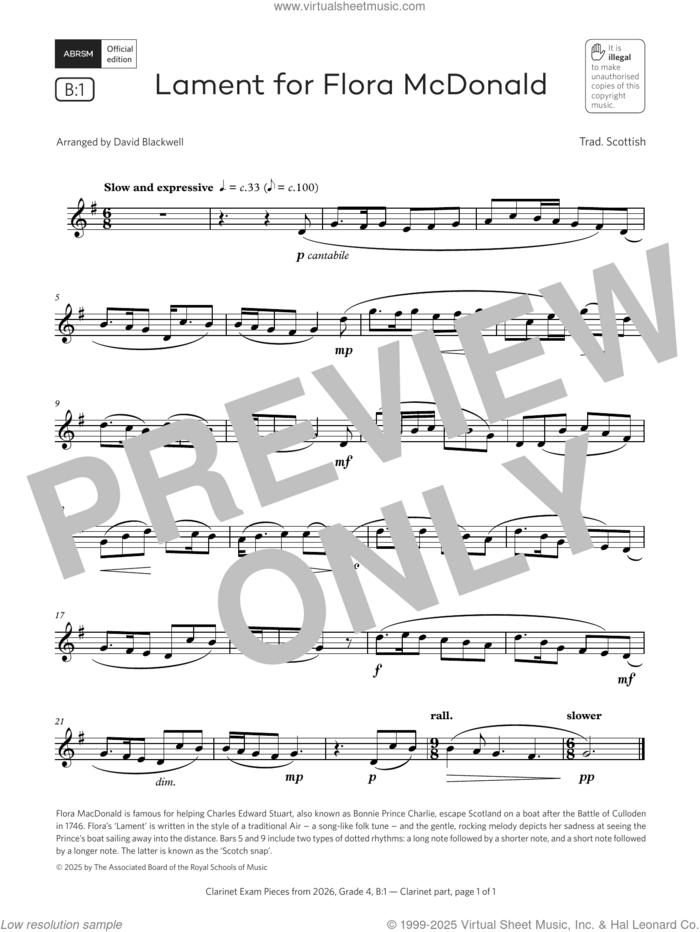 Lament for Flora McDonald (Grade 4, list B1, from the ABRSM Clarinet Syllabus from 2026) sheet music for clarinet solo by Trad. Scottish and David Blackwell, classical score, intermediate skill level