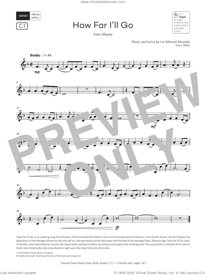 How Far I'll Go (Grade 2, list C1, from the ABRSM Clarinet Syllabus from 2026) sheet music for clarinet solo by Lin-Manuel Miranda, classical score, intermediate skill level