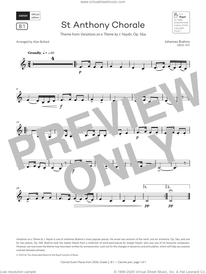 St Anthony Chorale (Grade 2, list B1, from the ABRSM Clarinet Syllabus from 2026) sheet music for clarinet solo by Johannes Brahms and Alan Bullard, classical score, intermediate skill level