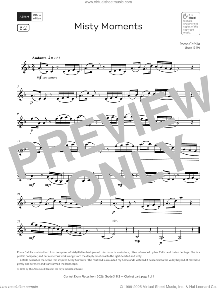 Misty Moments (Grade 3, list B2, from the ABRSM Clarinet Syllabus from 2026) sheet music for clarinet solo by Roma Cafolla, classical score, intermediate skill level