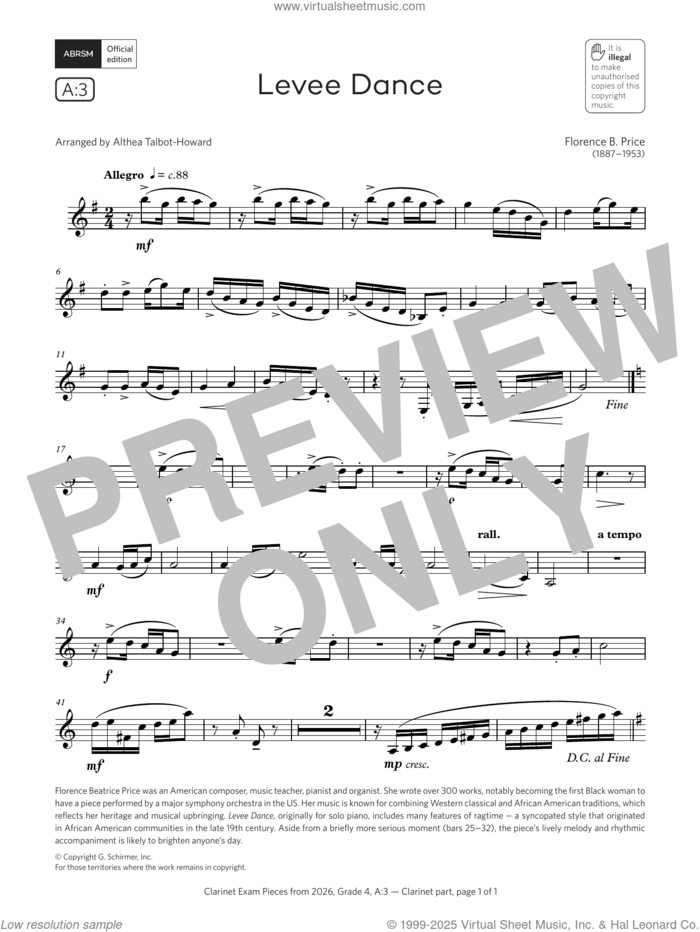 Levee Dance (Grade 4, list A3, from the ABRSM Clarinet Syllabus from 2026) sheet music for clarinet solo by Florence Price and Althea Talbot-Howard, classical score, intermediate skill level