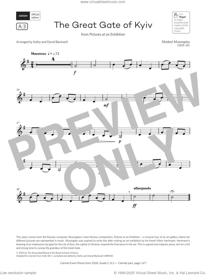 The Great Gate of Kyiv (Grade 2, list A3, from the ABRSM Clarinet Syllabus from 2026) sheet music for clarinet solo by Modest Petrovich Musorgsky, David Blackwell and Kathy Blackwell, classical score, intermediate skill level