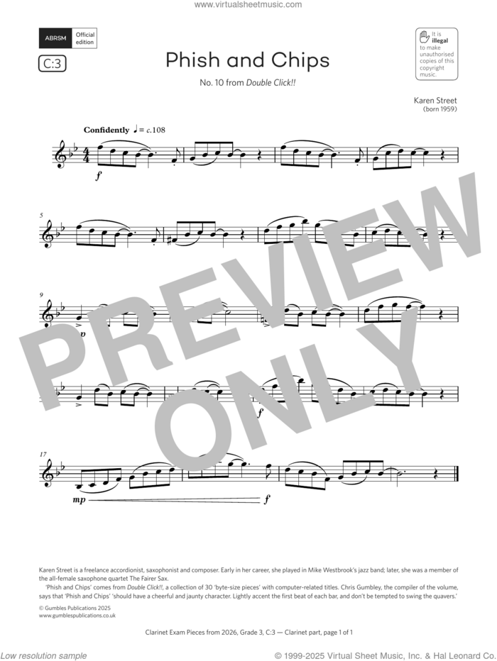 Phish and Chips (Grade 3, list C3, from the ABRSM Clarinet Syllabus from 2026) sheet music for clarinet solo by Karen Street, classical score, intermediate skill level