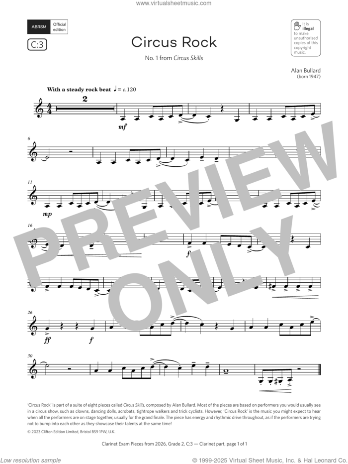 Circus Rock (Grade 2, list C3, from the ABRSM Clarinet Syllabus from 2026) sheet music for clarinet solo by Alan Bullard, classical score, intermediate skill level