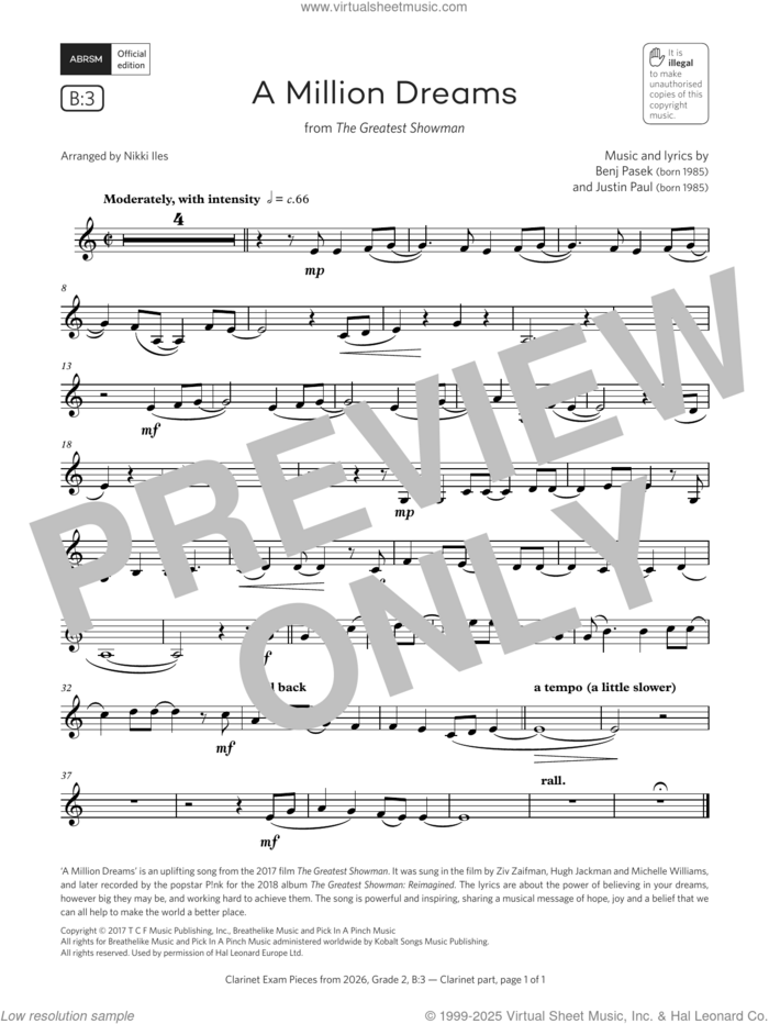 A Million Dreams (Grade 2, list B3, from the ABRSM Clarinet Syllabus from 2026) sheet music for clarinet solo by Benj Pasek, Nikki Iles, Pasek & Paul and Justin Paul, classical score, intermediate skill level