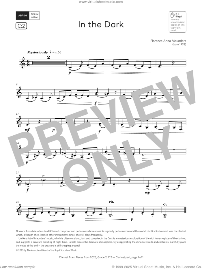 In the Dark (Grade 2, list C2, from the ABRSM Clarinet Syllabus from 2026) sheet music for clarinet solo by Florence Anna Maunders, classical score, intermediate skill level