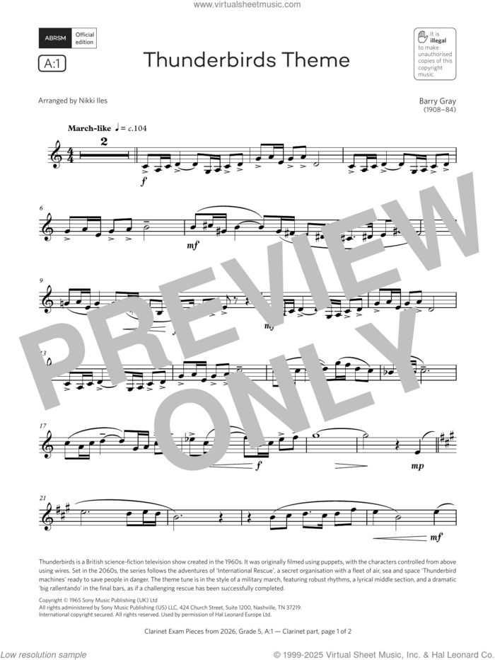Thunderbirds Theme (Grade 5, list A1, from the ABRSM Clarinet Syllabus from 2026) sheet music for clarinet solo by Barry Gray and Nikki Iles, classical score, intermediate skill level