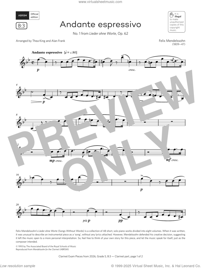 Andante espressivo (Grade 5, list B3, from the ABRSM Clarinet Syllabus from 2026) sheet music for clarinet solo by Felix Mendelssohn-Bartholdy, Alan Frank and Thea King, classical score, intermediate skill level